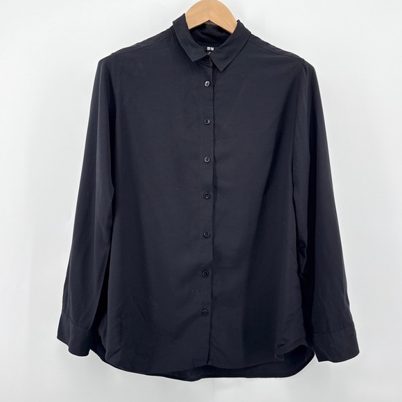 UNIQLO Black Button Down Rayon Long Sleeve Shirt Womens XL Relaxed Fit Career - Picture 1 of 8